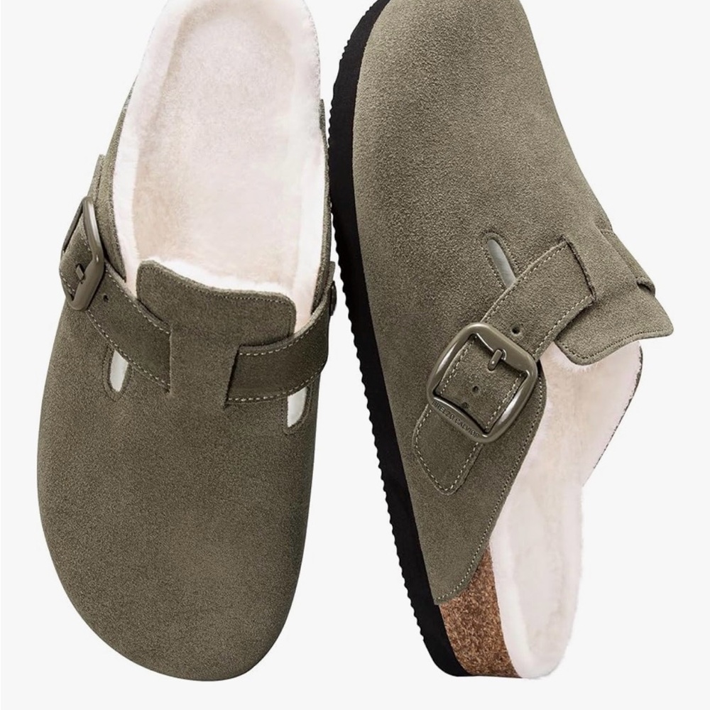 Olive Suede Buckle Clogs